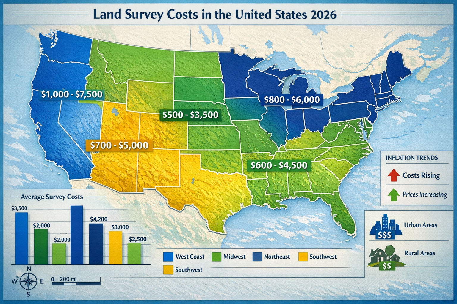 Detailed landscape format (1536x1024) regional cost comparison map of United States showing land survey pricing variations across different