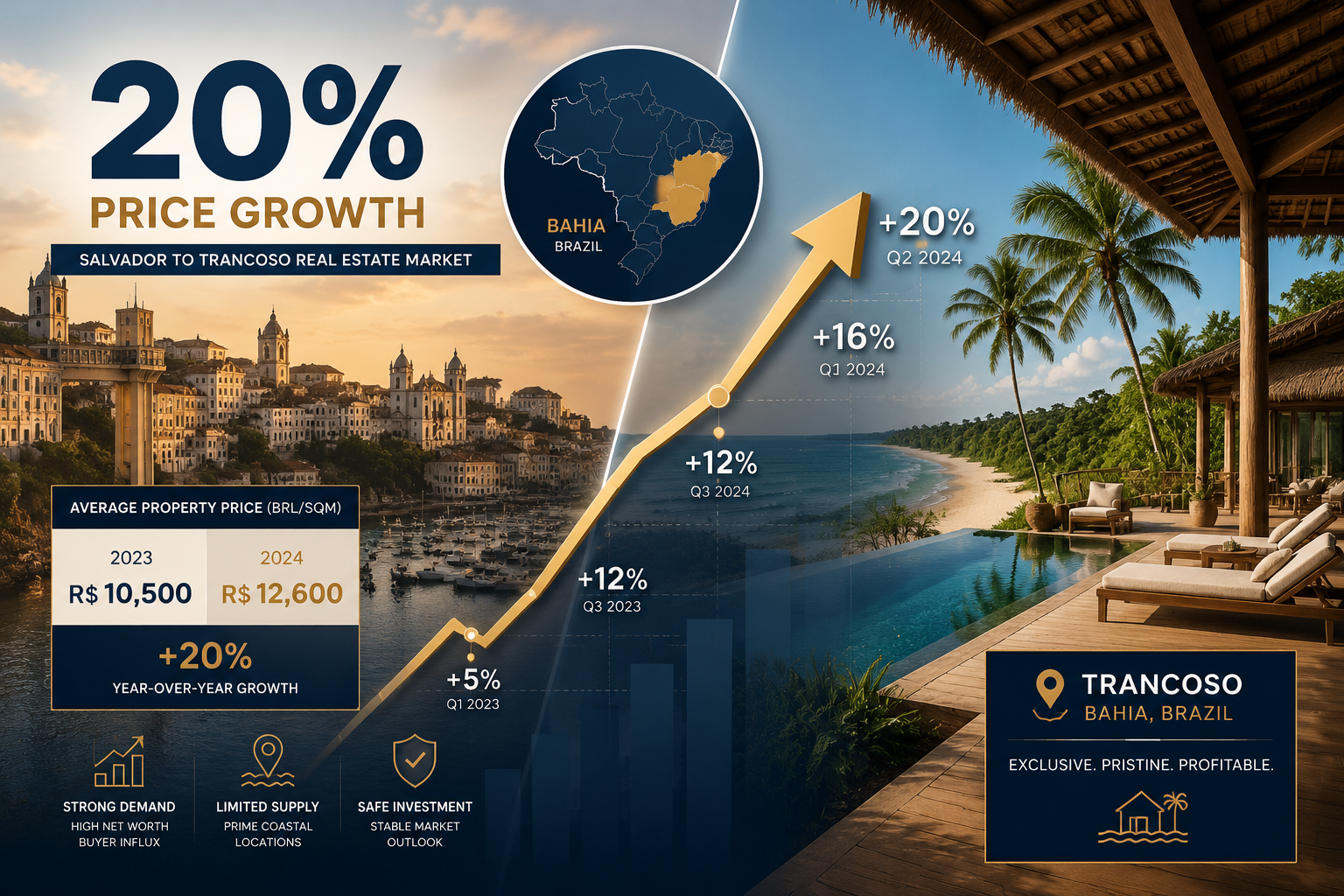 () editorial infographic showing Salvador Bahia skyline on the left with a '20% Price Growth' upward arrow chart ,