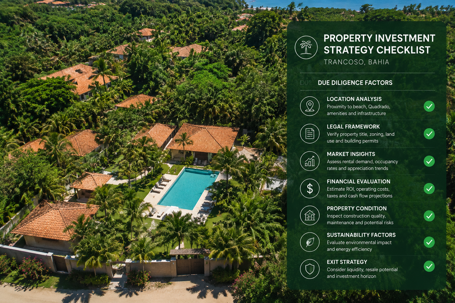 () showing a bird's-eye view of a gated luxury villa community in Trancoso Bahia, with a swimming pool, tropical gardens,