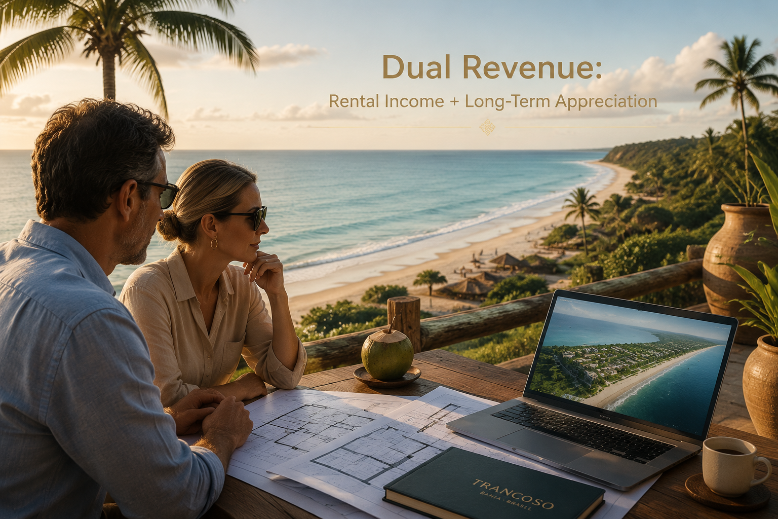 () depicting an international investor couple reviewing architectural blueprints and a laptop showing coastal development