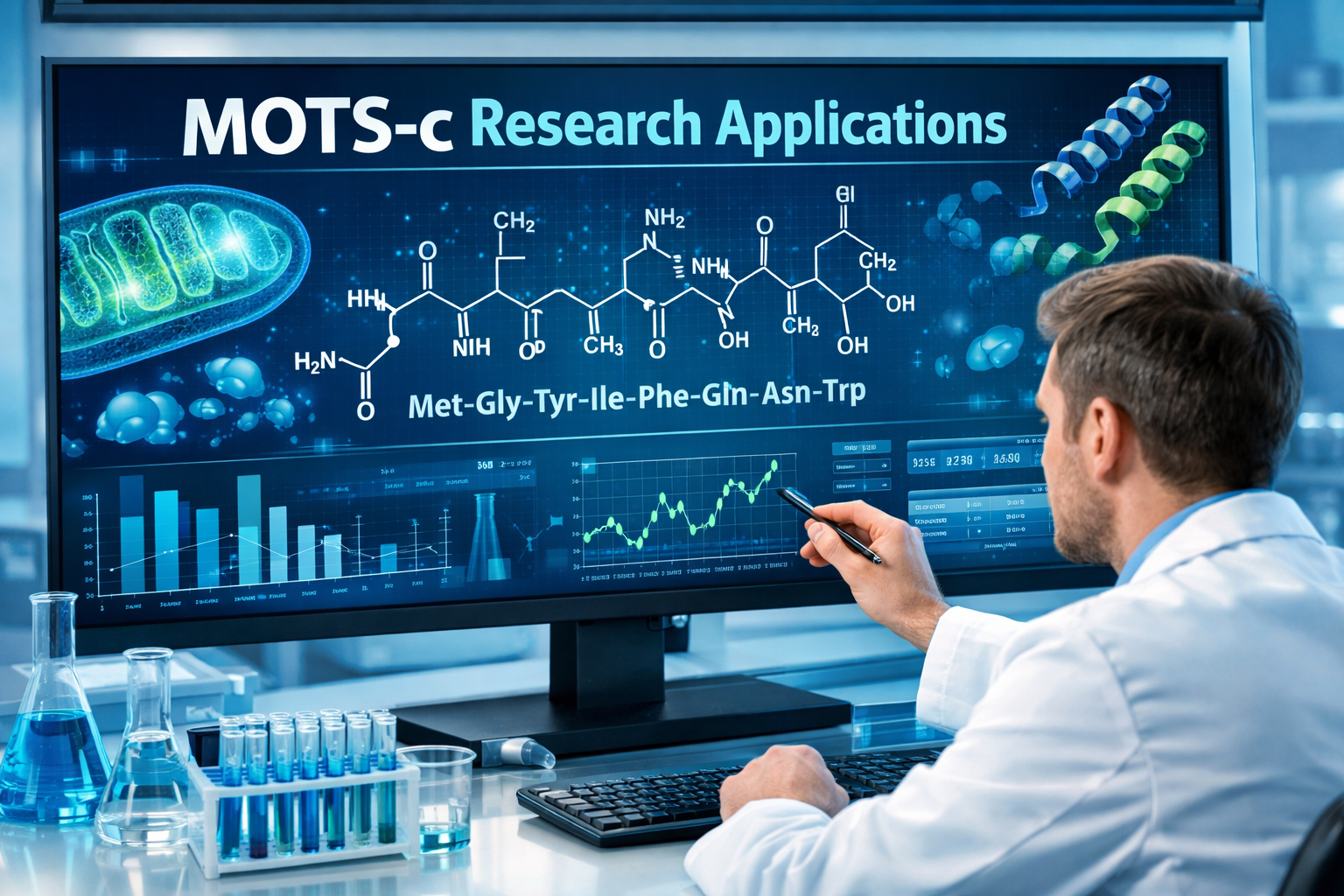 Scientific laboratory scene showing MOTSC peptide molecular structure diagram on digital screen, researcher in white coat analyzing data, pe