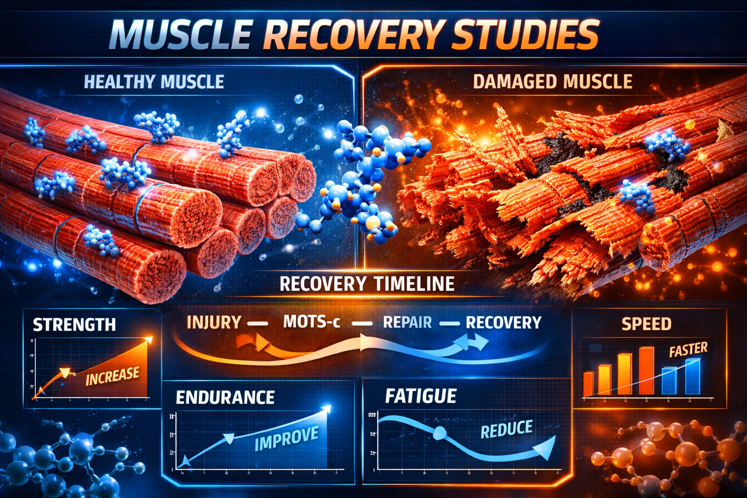 Split-screen comparison showing healthy vs damaged muscle tissue at cellular level, MOTSC peptide molecules interacting with muscle fibers, 
