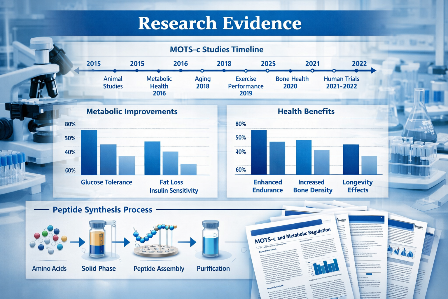 Comprehensive research data visualization showing multiple MOTSC studies timeline, bar graphs of research outcomes, laboratory equipment in 