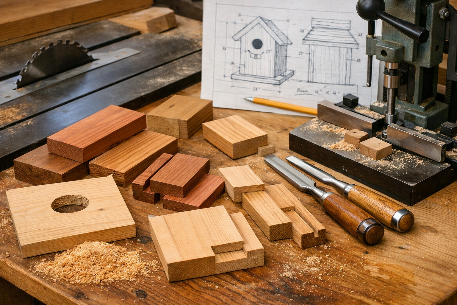 Detailed landscape format (1536x1024) image showing a close-up of a woodworking bench with various reclaimed wood scraps (pine, cedar, redwo