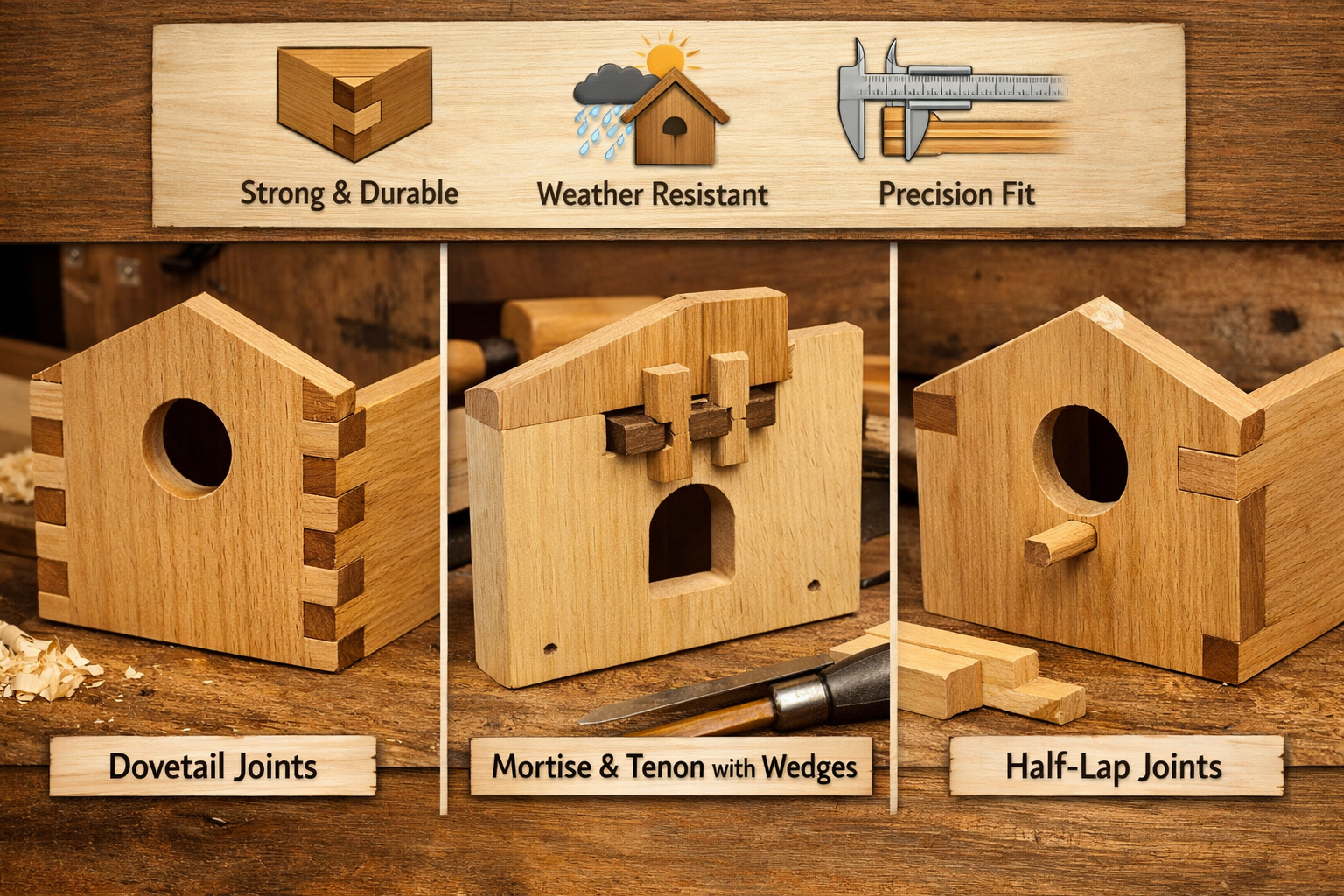 Detailed landscape format (1536x1024) image illustrating different advanced joinery techniques applied to birdhouse components. A split comp