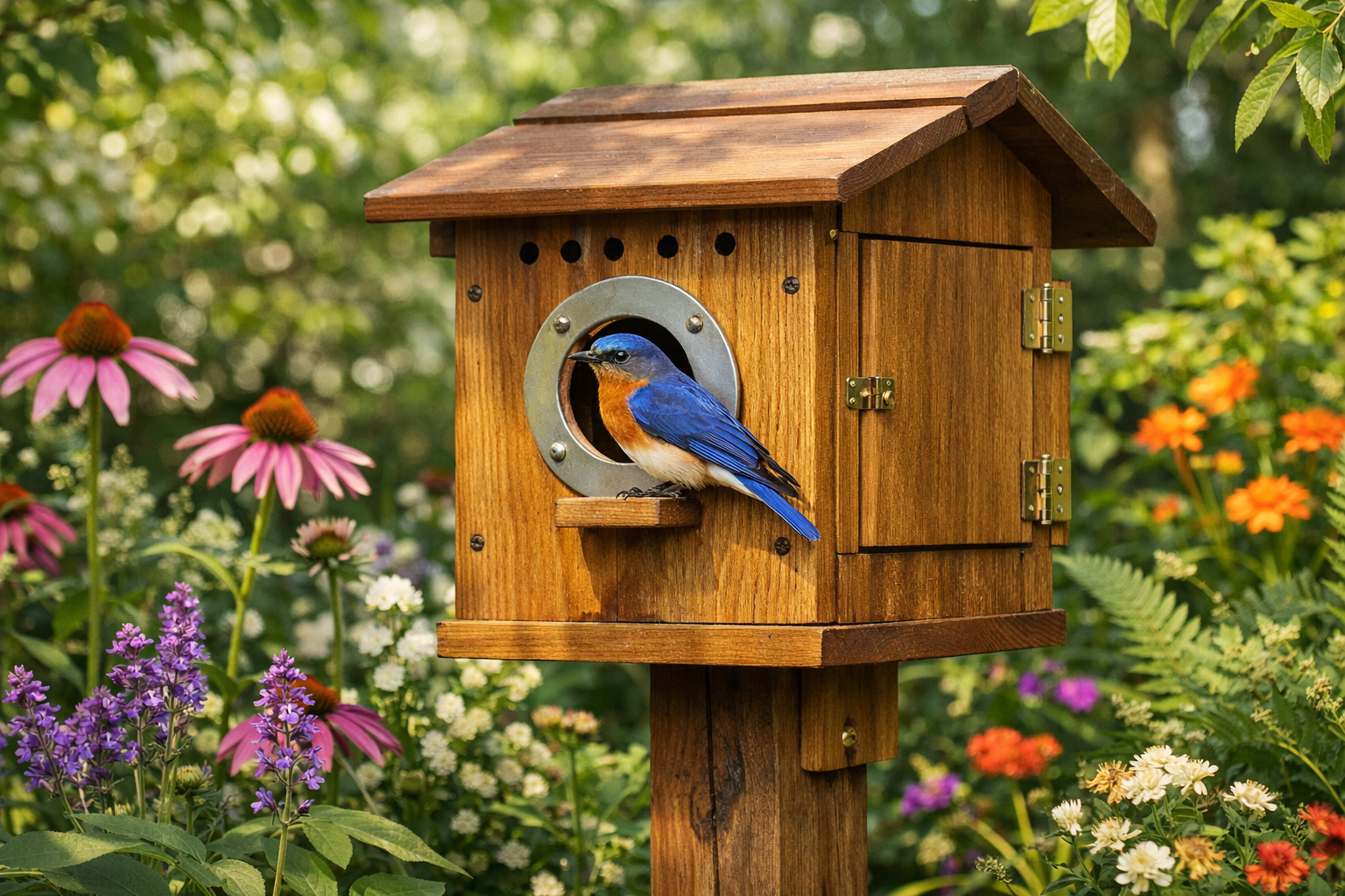Detailed landscape format (1536x1024) image of a finished, functional wooden birdhouse integrated into a lively garden. The birdhouse featur