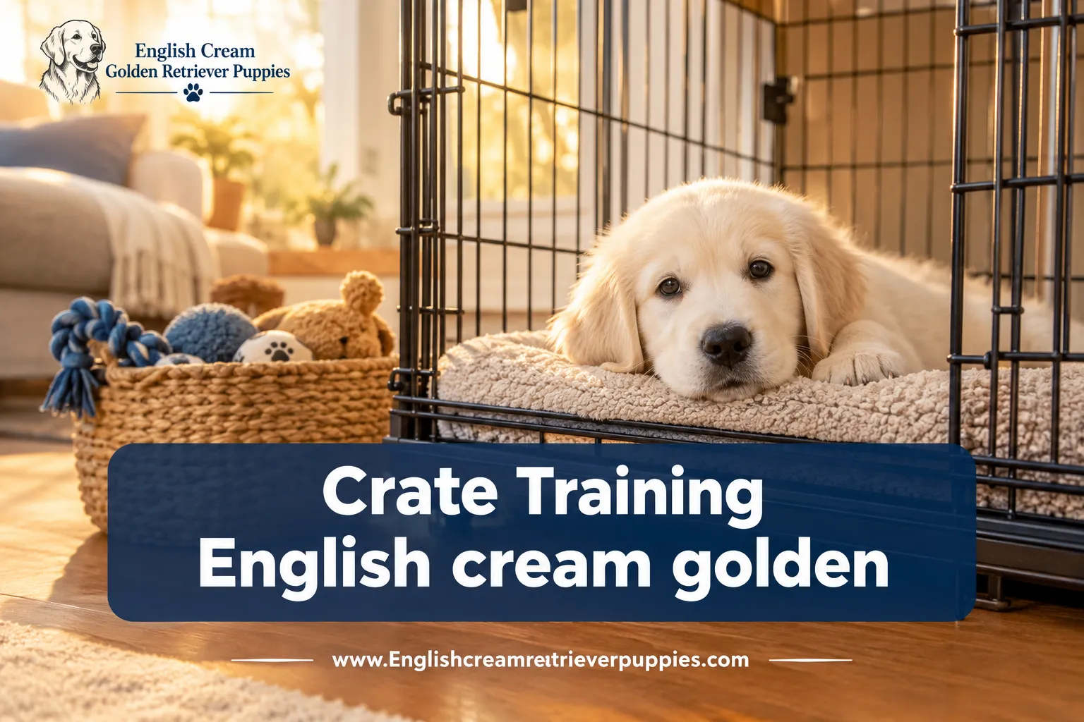 Professional () editorial hero image with SHORT reading exactly 'Crate Training English cream golden' in crisp white on a