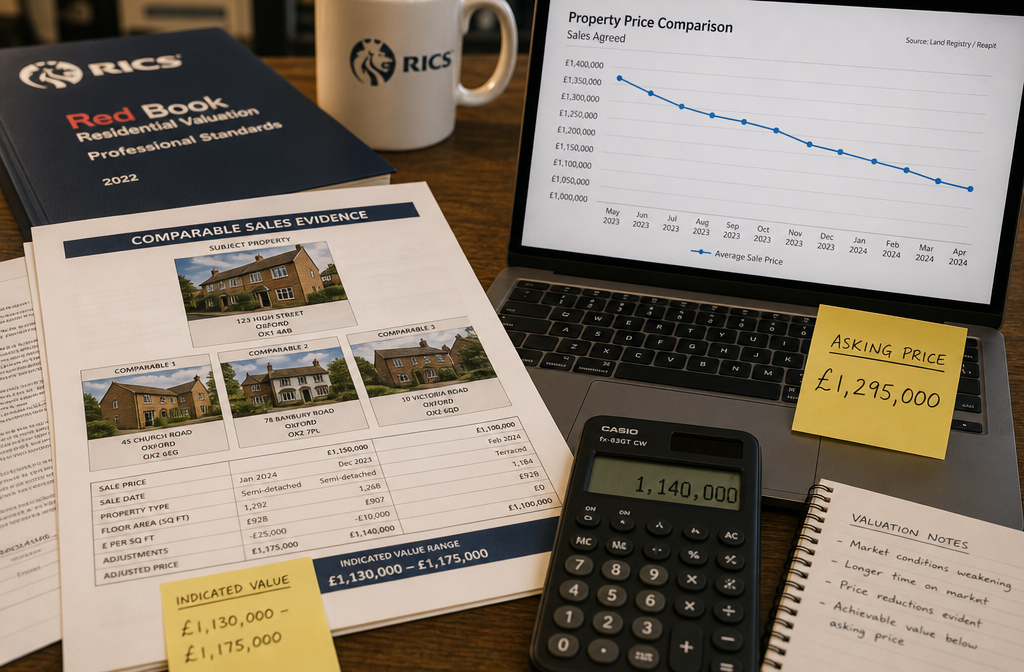 Close-up aerial view of a UK surveyor's desk showing printed comparable sales evidence reports, a RICS Red Book valuation
