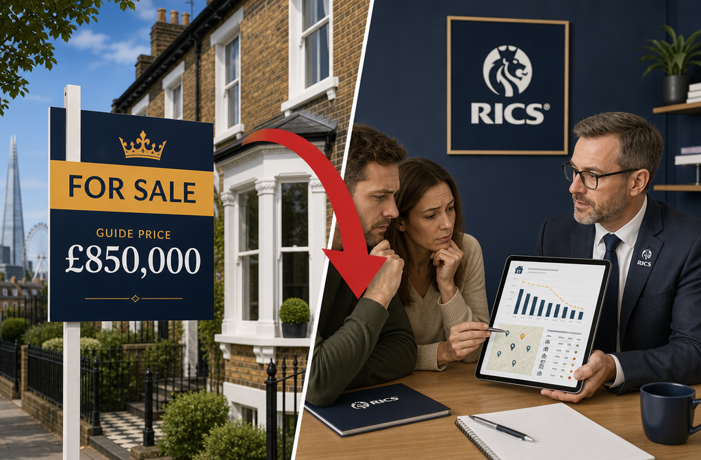 Split-scene infographic-style illustration showing left side: an estate agent's optimistic 'For Sale' board with inflated