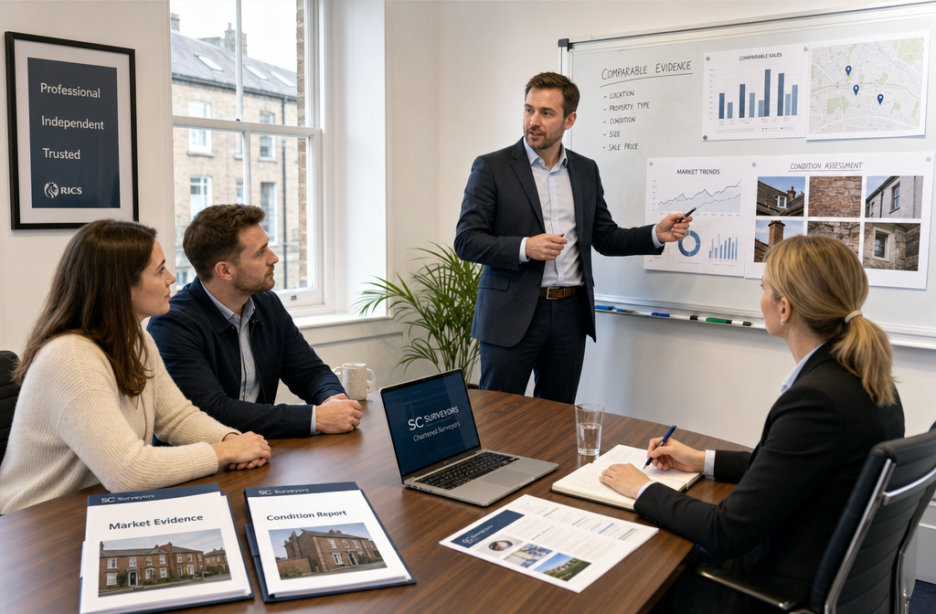 Wide-angle shot of a professional meeting room where a UK chartered surveyor stands at a whiteboard presenting comparable