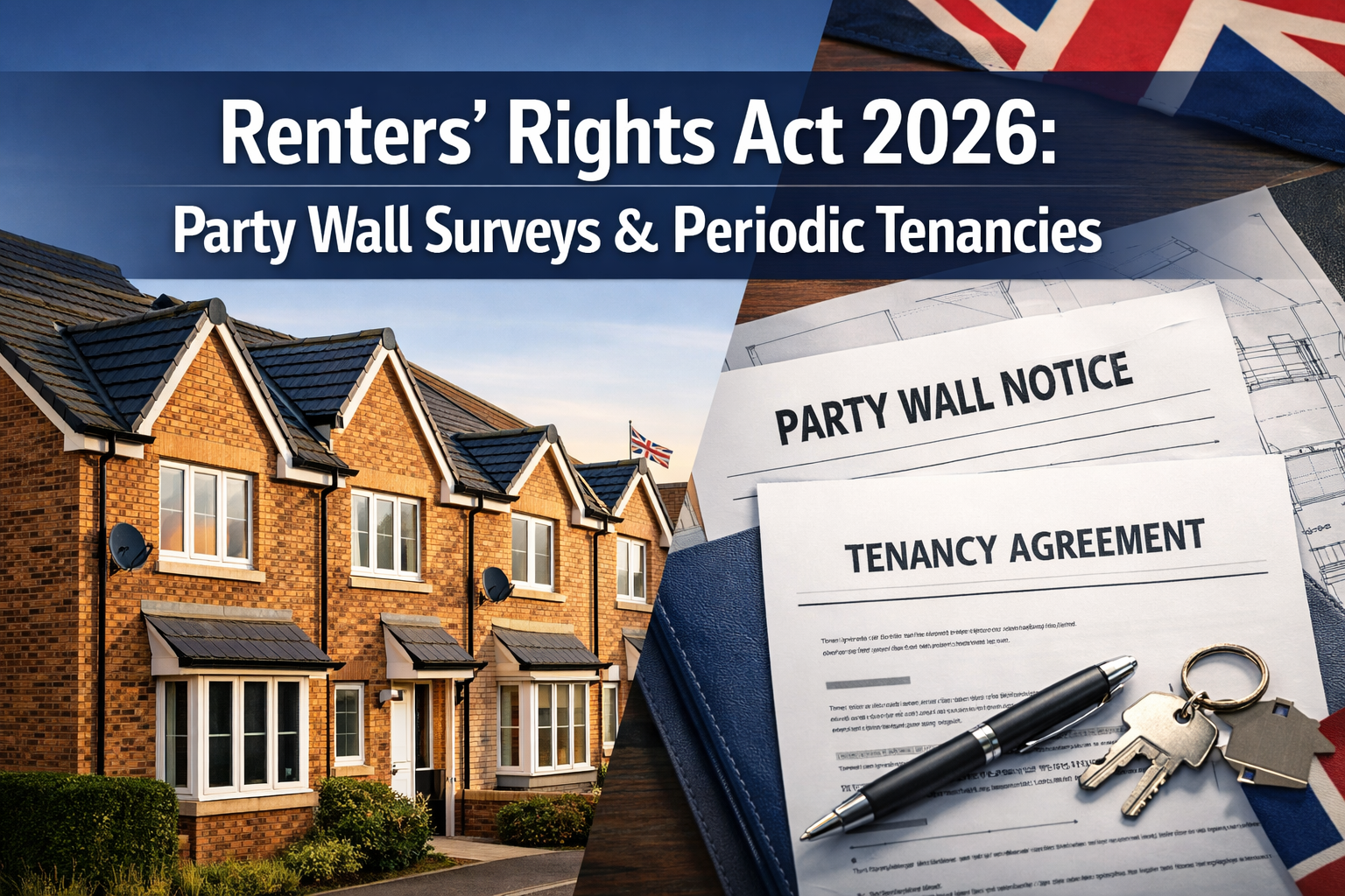 Professional () hero image featuring 'Renters' Rights Act 2026: Party Wall Surveys & Periodic Tenancies' in extra large