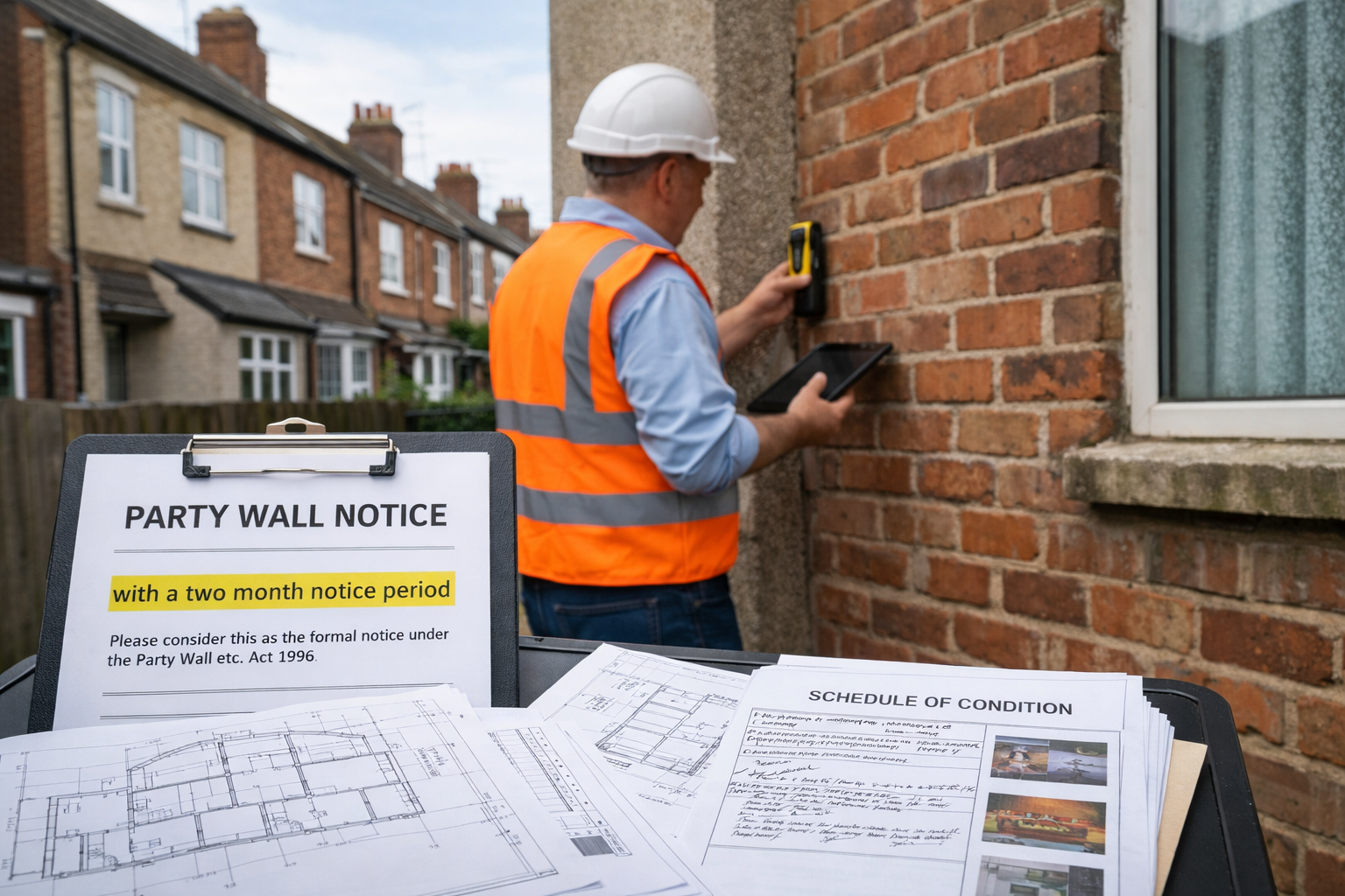 Detailed () professional photograph showing party wall surveyor in hard hat and hi-vis vest standing between two