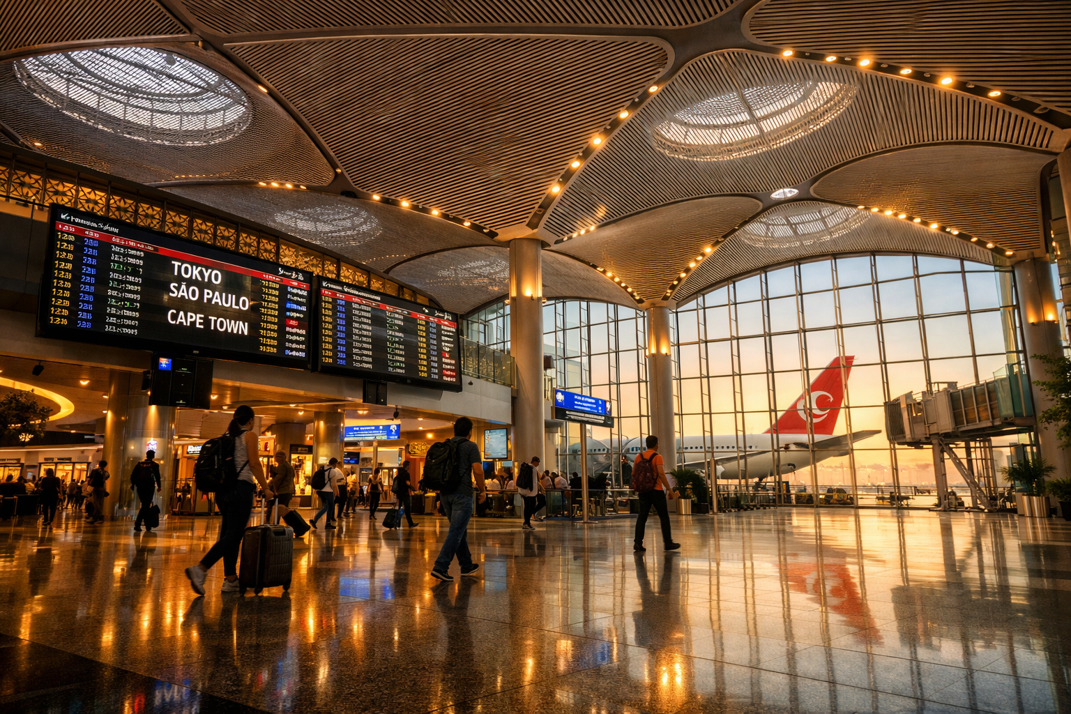 Detailed () editorial photograph showing the interior of Istanbul Airport's modern terminal concourse from a low wide-angle