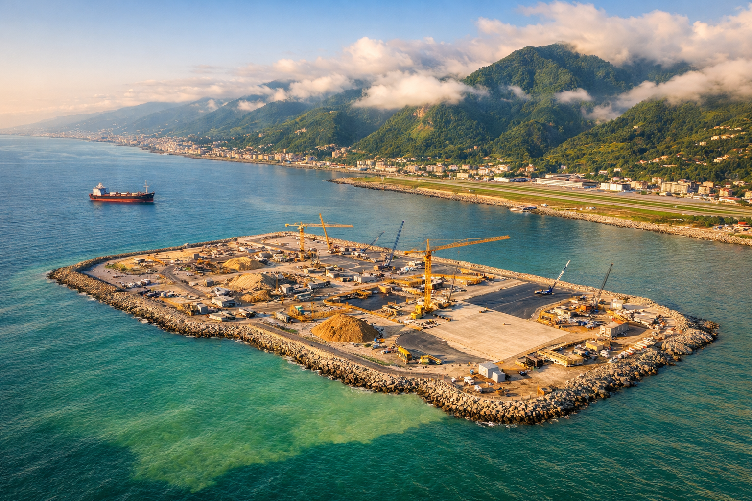 Detailed () aerial drone photograph of the Black Sea coastline near Trabzon showing the construction site of the new