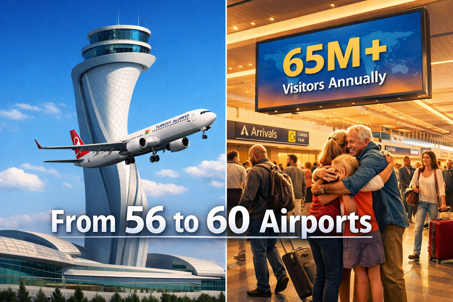 Detailed () infographic-style editorial image showing a split-screen composition: left side depicts Ankara Esenboğa