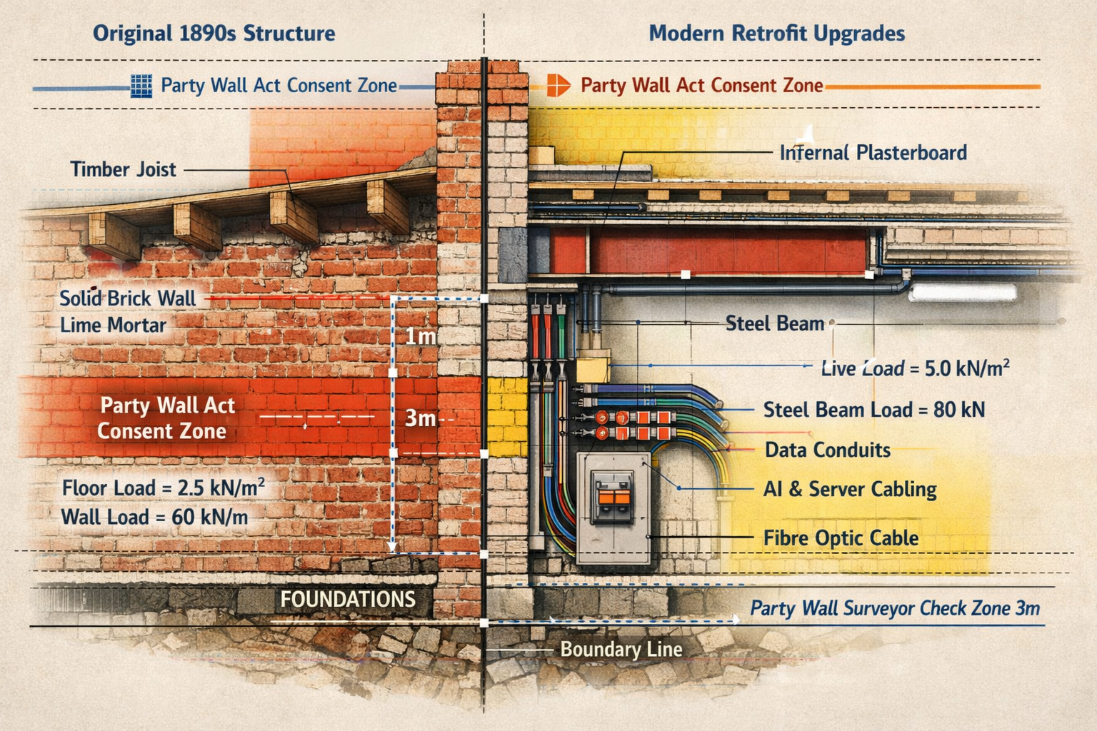 Detailed () image showing close-up cross-section diagram of Victorian-era party wall structure between two office buildings