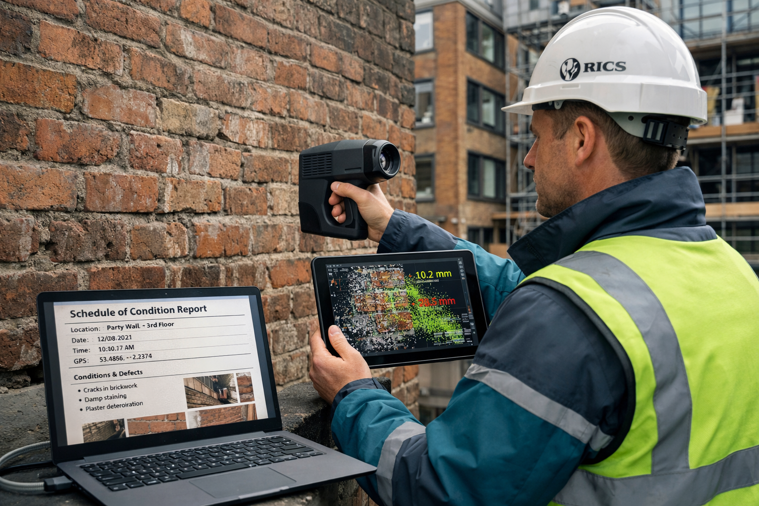 Detailed () image depicting modern surveyor conducting digital party wall assessment in dense Manchester Northern Quarter