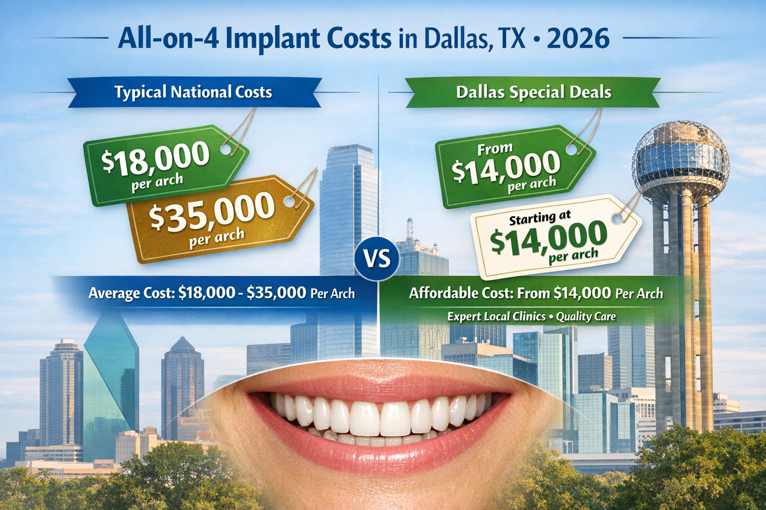 Detailed landscape format (1536x1024) image illustrating a comparison chart or infographic showing All-on-4 implant costs in Dallas TX for 2