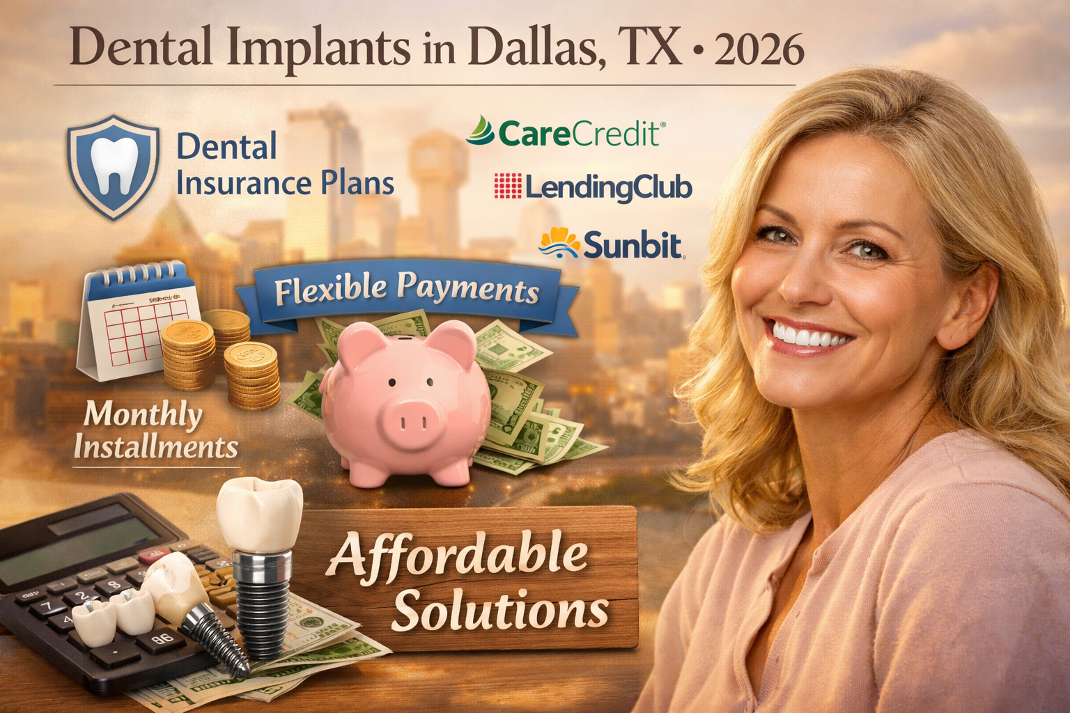 Detailed landscape format (1536x1024) image featuring a collage of various financial solutions for dental implants in Dallas TX for 2026. Th