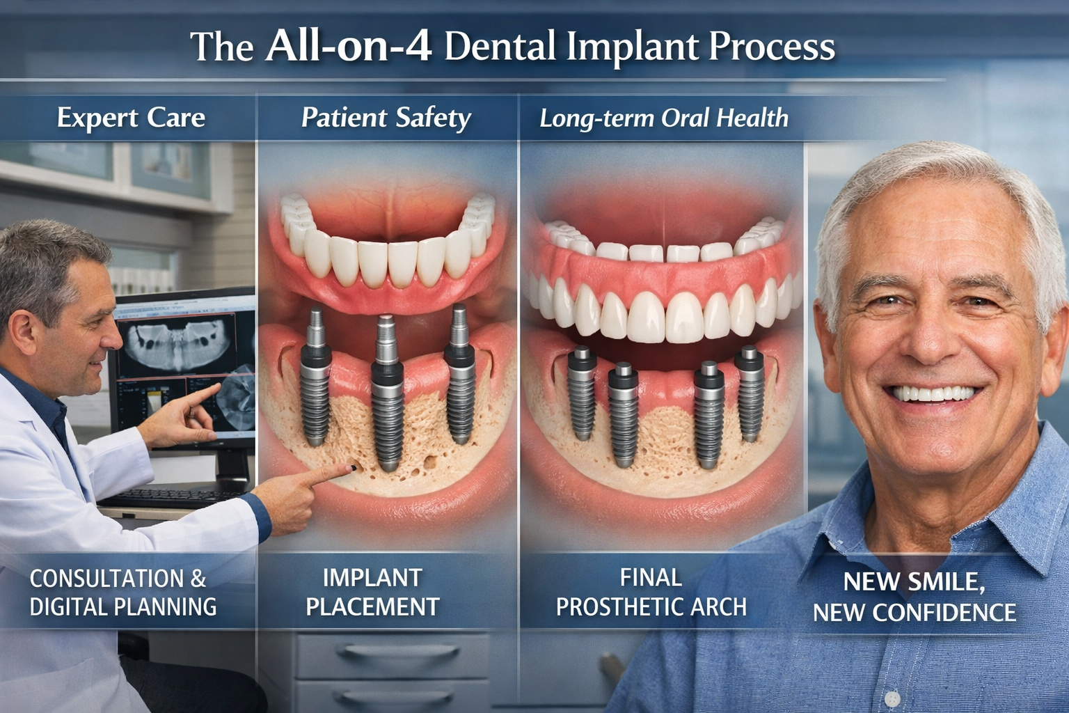 Detailed landscape format (1536x1024) image depicting the complete All-on-4 dental implant process, from initial consultation and digital pl