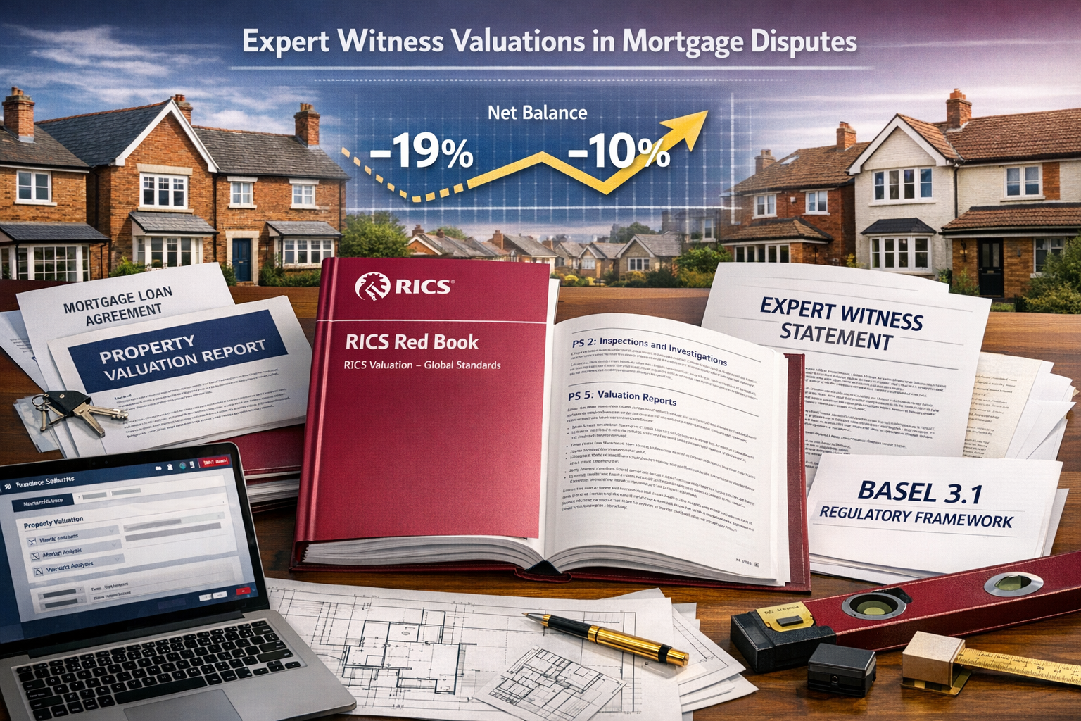 Detailed landscape format (1536x1024) editorial image showing RICS professional standards framework for expert witness valuations in mortgag