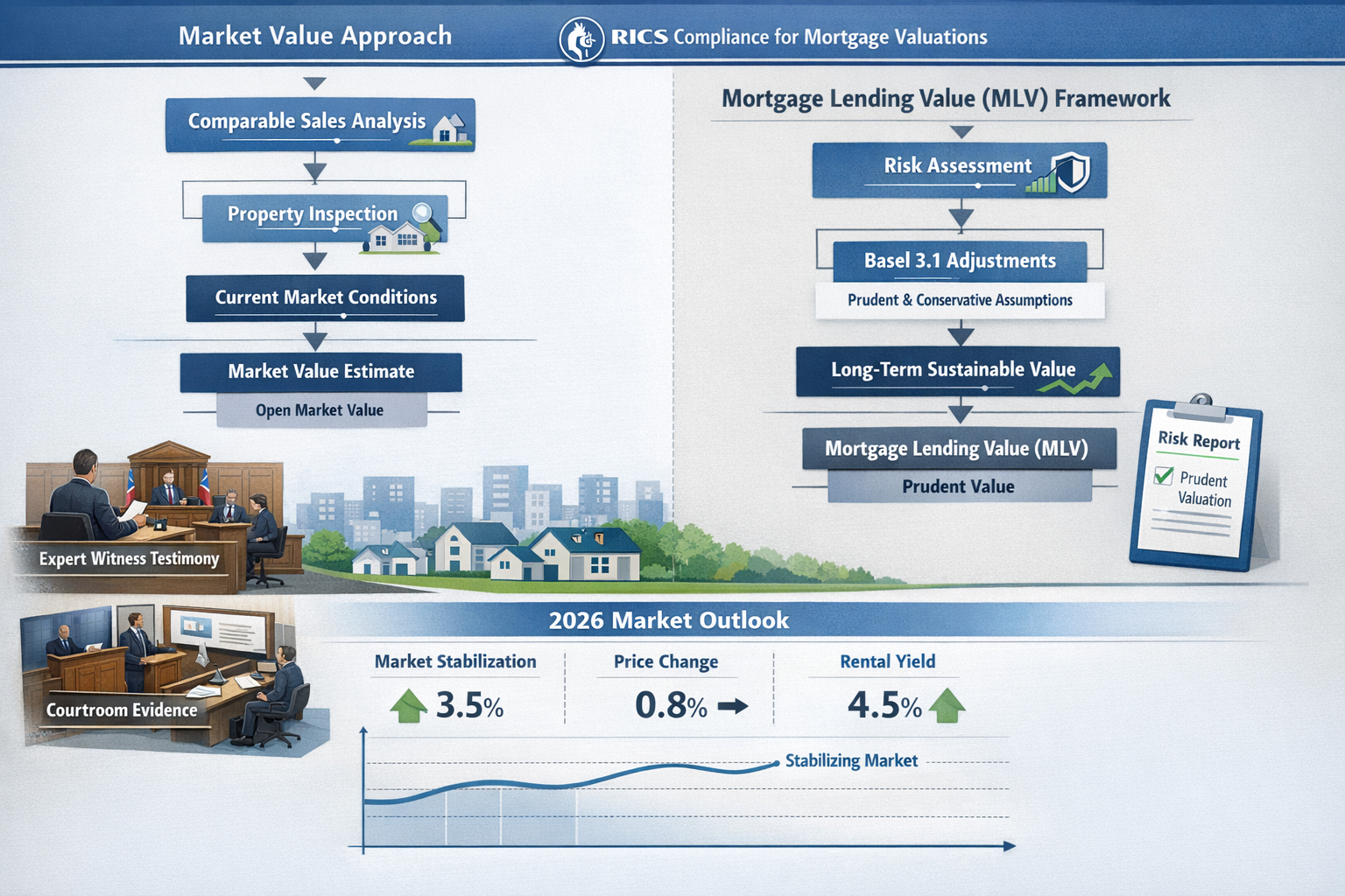 Detailed landscape format (1536x1024) infographic-style image illustrating expert witness valuation methodologies and RICS compliance framew