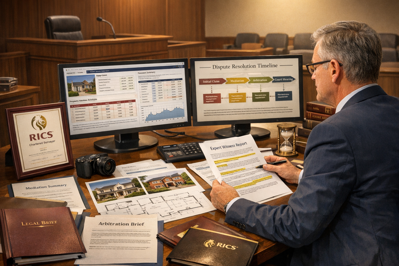 Detailed landscape format (1536x1024) professional scene depicting expert witness surveyor preparing comprehensive dispute documentation and