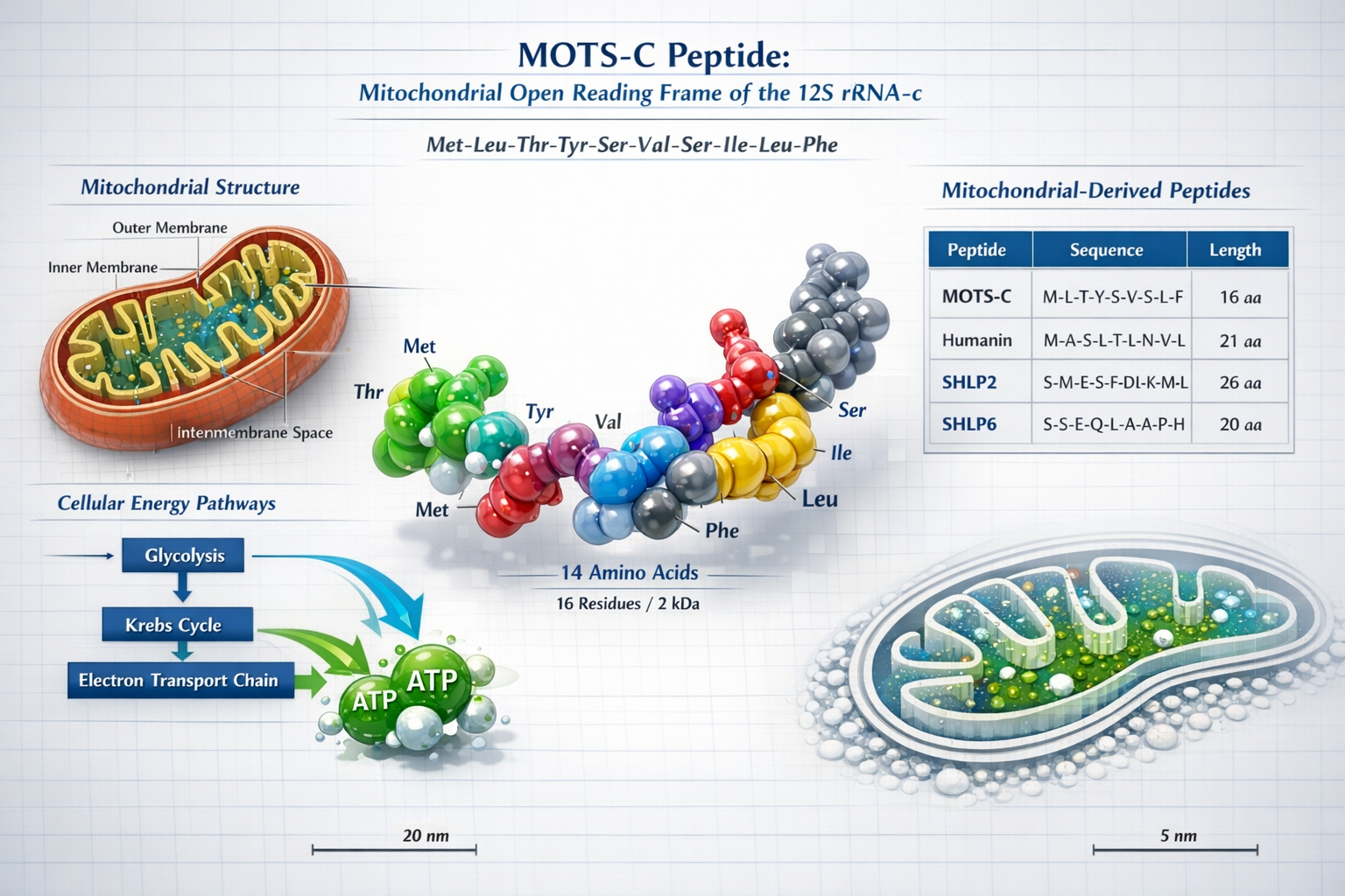 Detailed scientific illustration showing MOTS-C peptide molecular structure in 3D rendering with labeled amino acid sequences, mitochondrial