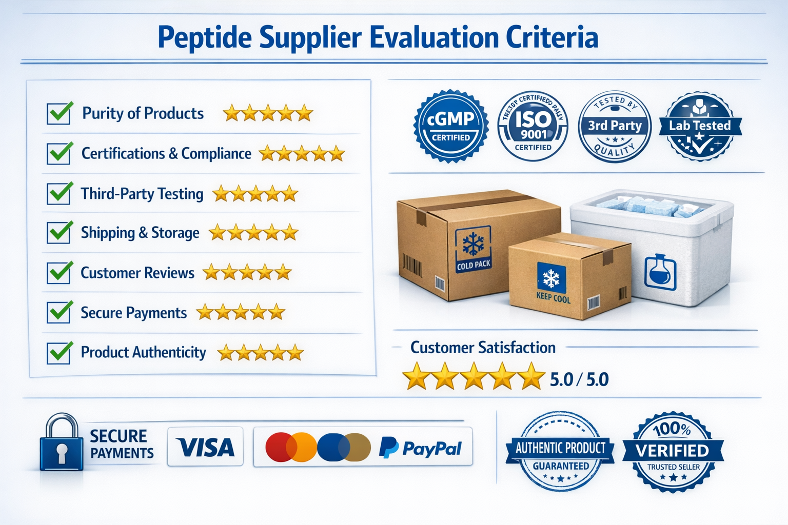 Professional comparison infographic displaying peptide supplier evaluation criteria with checkboxes and rating stars, laboratory certificati