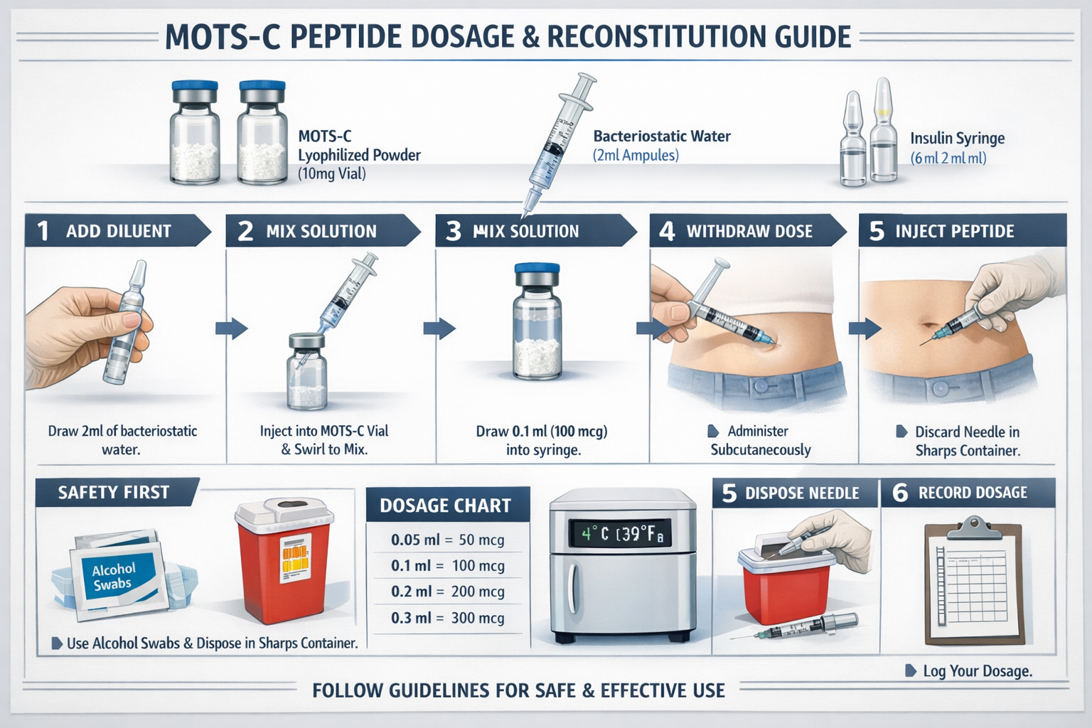 Detailed dosage and reconstitution visual guide showing sterile vials of lyophilized MOTS-C peptide powder, bacteriostatic water ampules, in