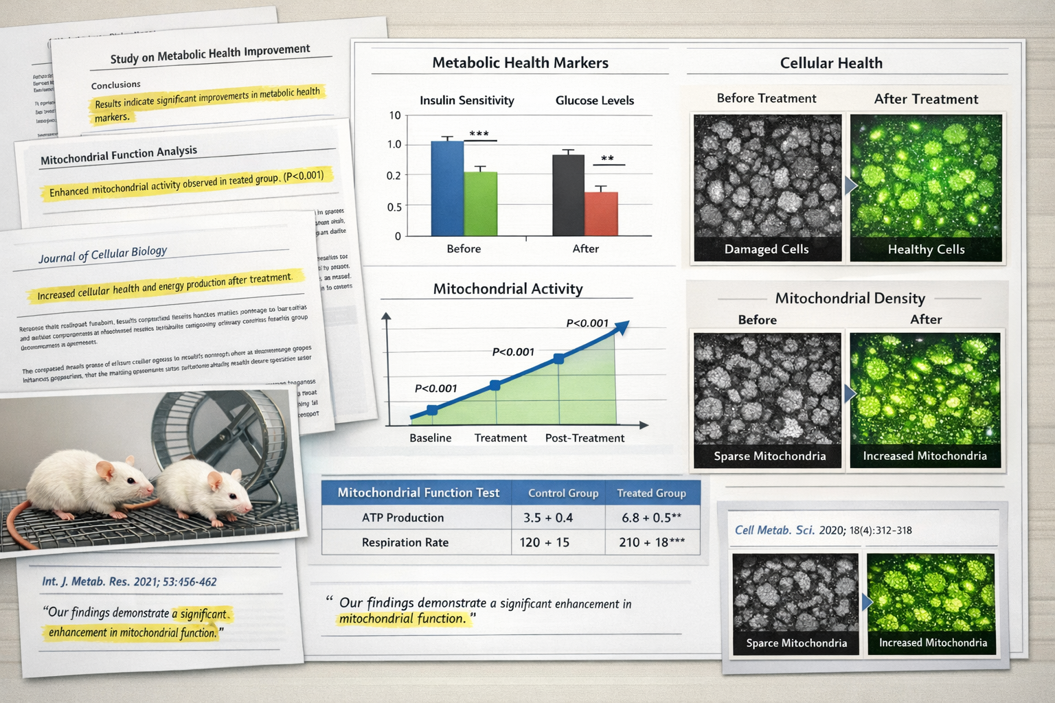 Scientific research compilation image showing multiple study documents with highlighted findings, bar graphs displaying metabolic improvemen