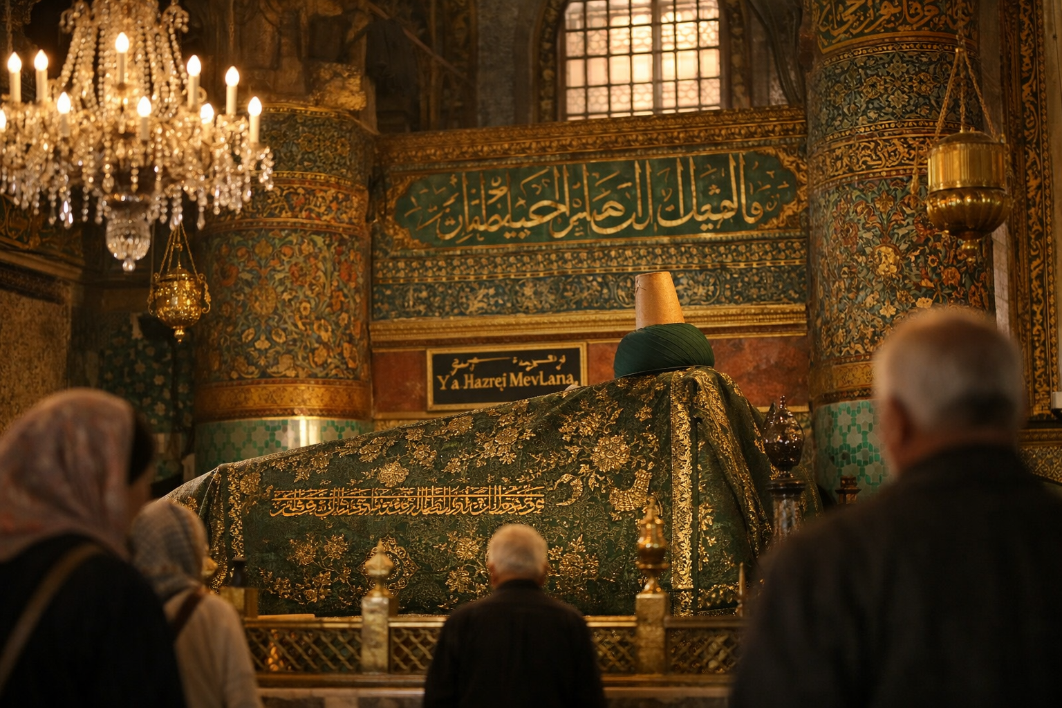 () atmospheric interior shot of the Mevlana Museum in Konya showing the ornate sarcophagus of Rumi draped in embroidered