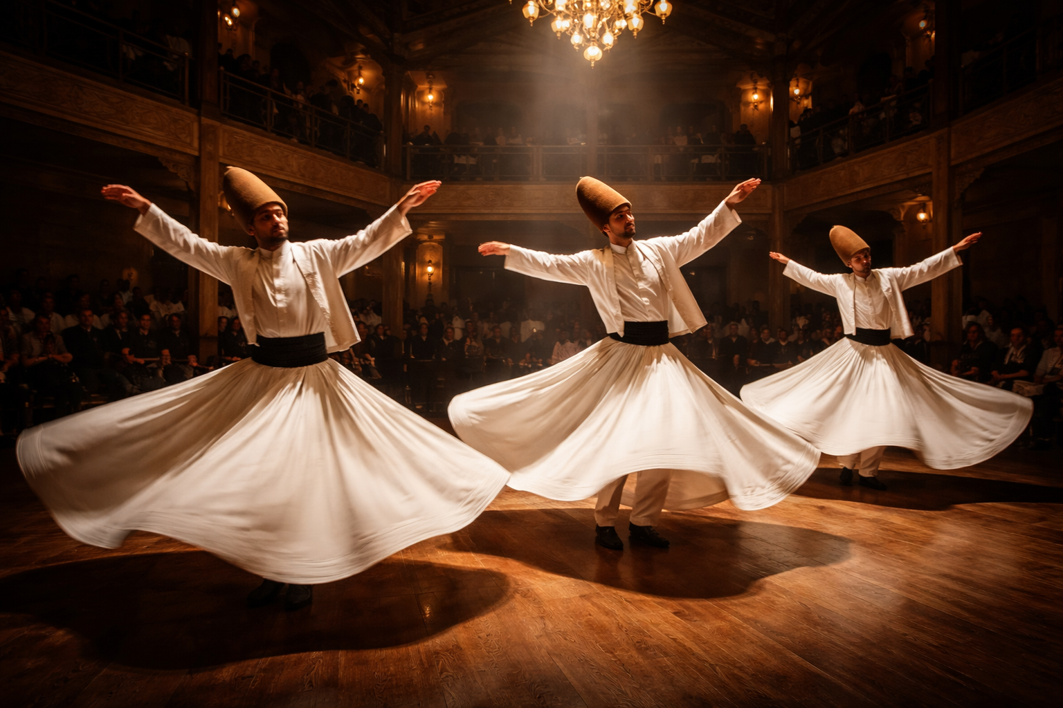 () dramatic wide-angle photograph of whirling dervishes mid-ceremony in a traditional semahane hall, three dervishes