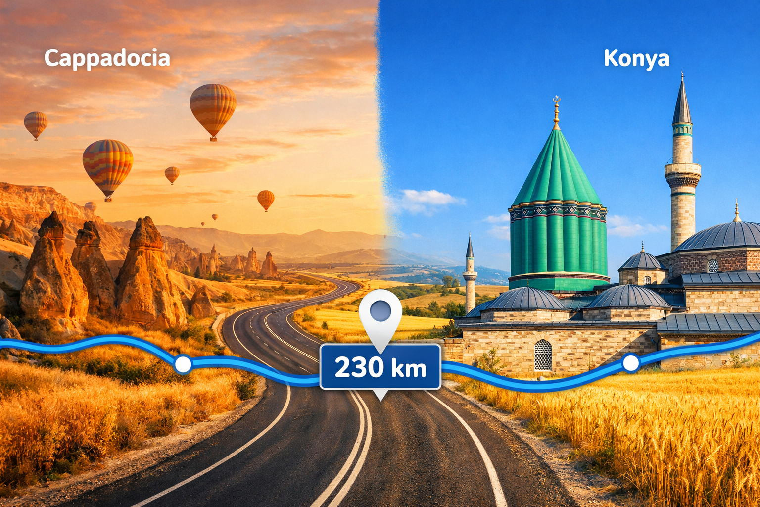 () split composition showing a scenic road journey from Cappadocia to Konya: left half features iconic Cappadocia fairy