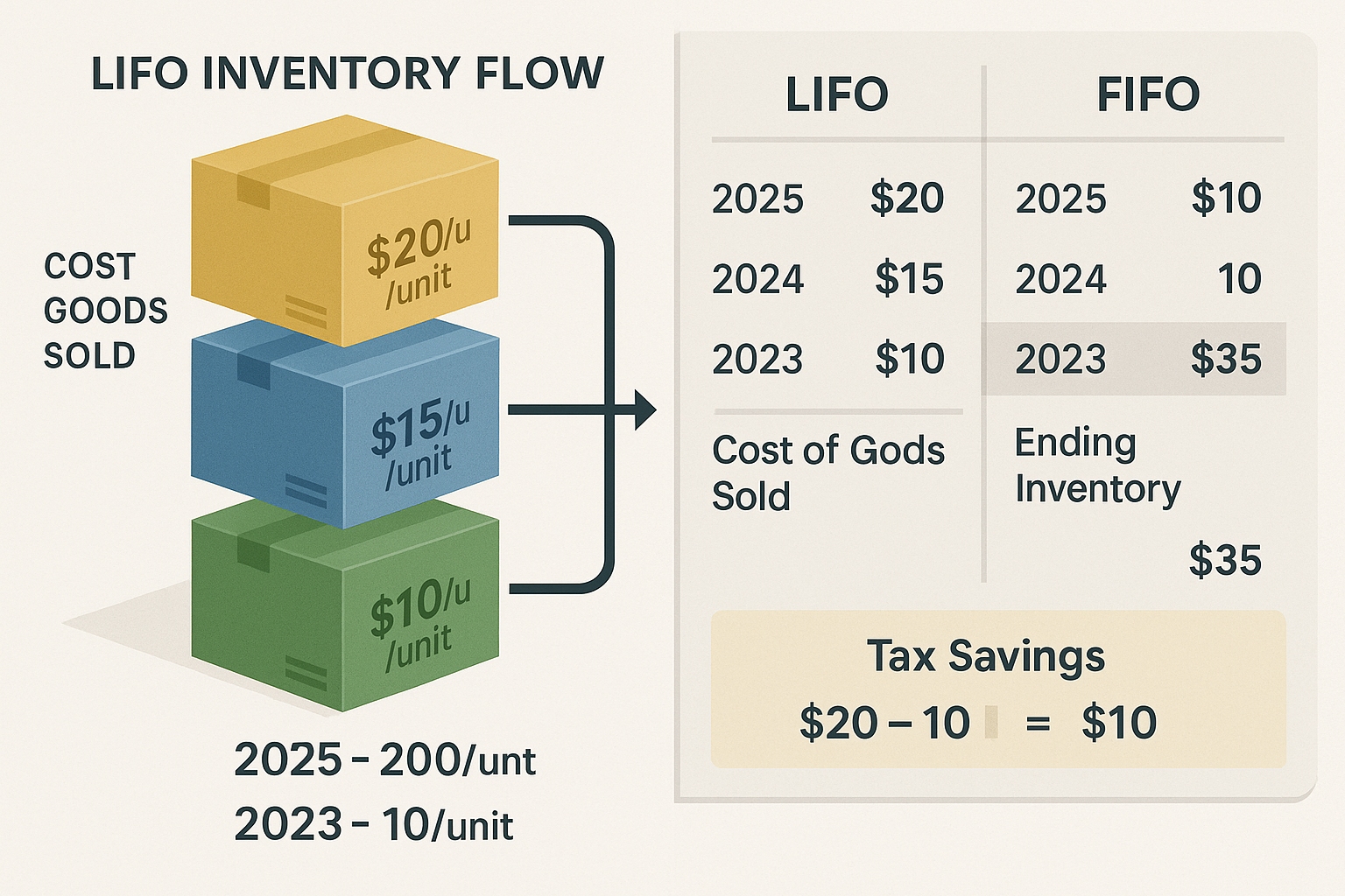 Detailed infographic illustration (1536x1024) showing LIFO inventory flow diagram with three distinct layers of stacked boxes in different c