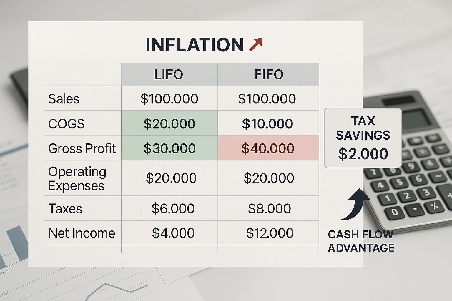 Professional landscape financial comparison chart (1536x1024) displaying side-by-side income statement comparison between LIFO and FIFO meth
