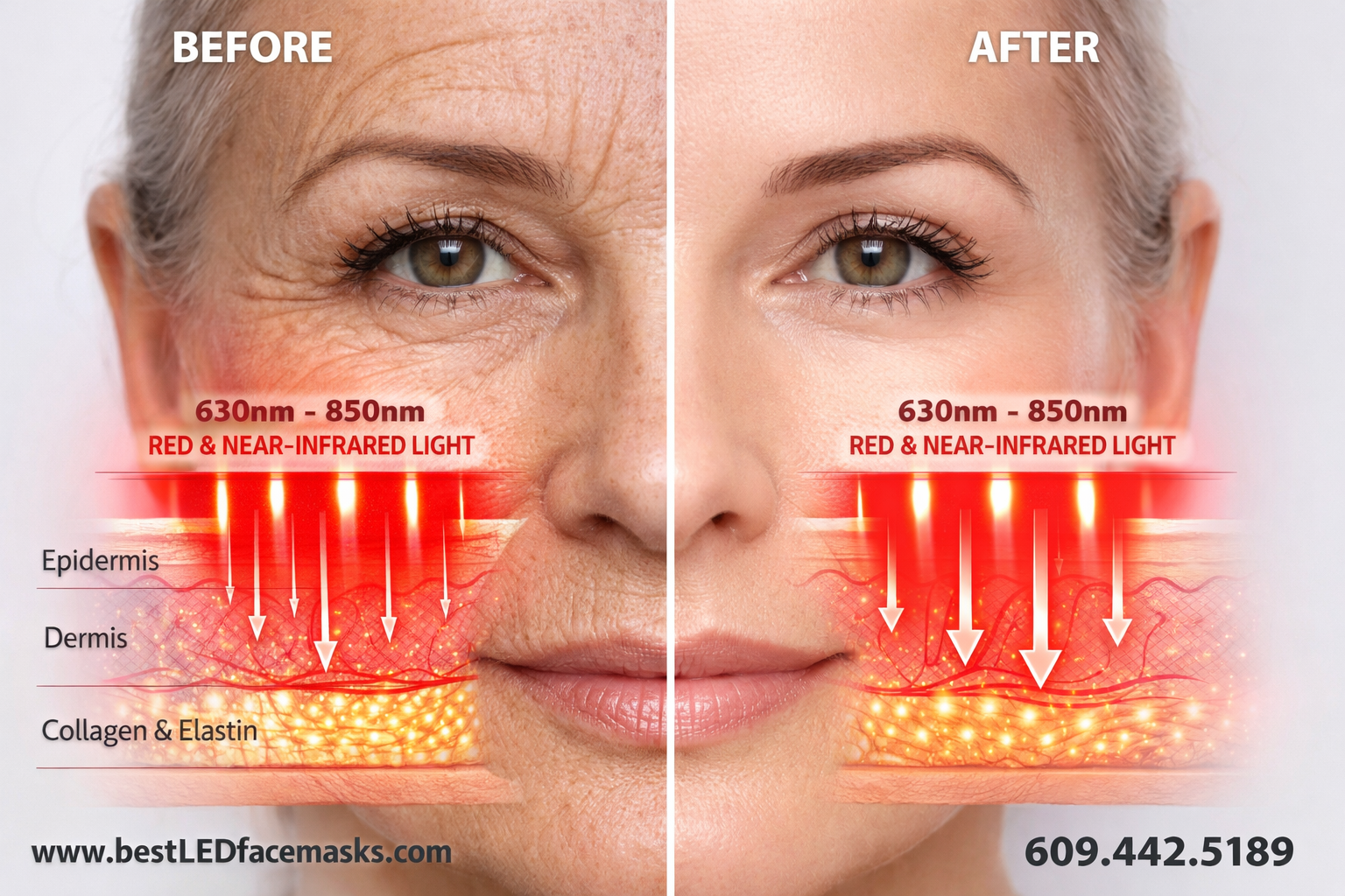 Detailed () editorial image showing a close-up split comparison of skin before and after red light therapy treatment, left