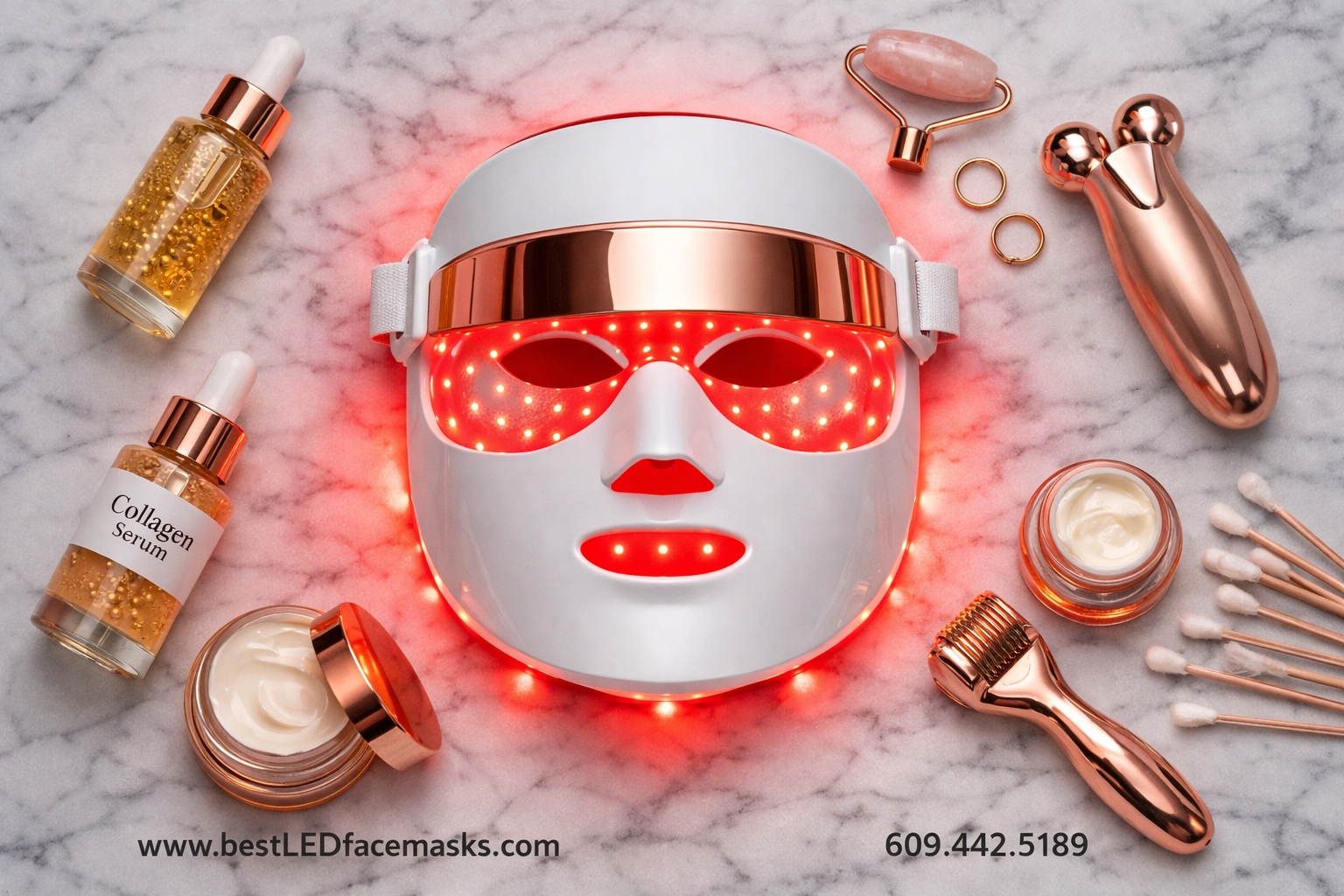 () flat-lay product photography from directly above showing the Renu-Gen LED face mask centered on a white marble surface,