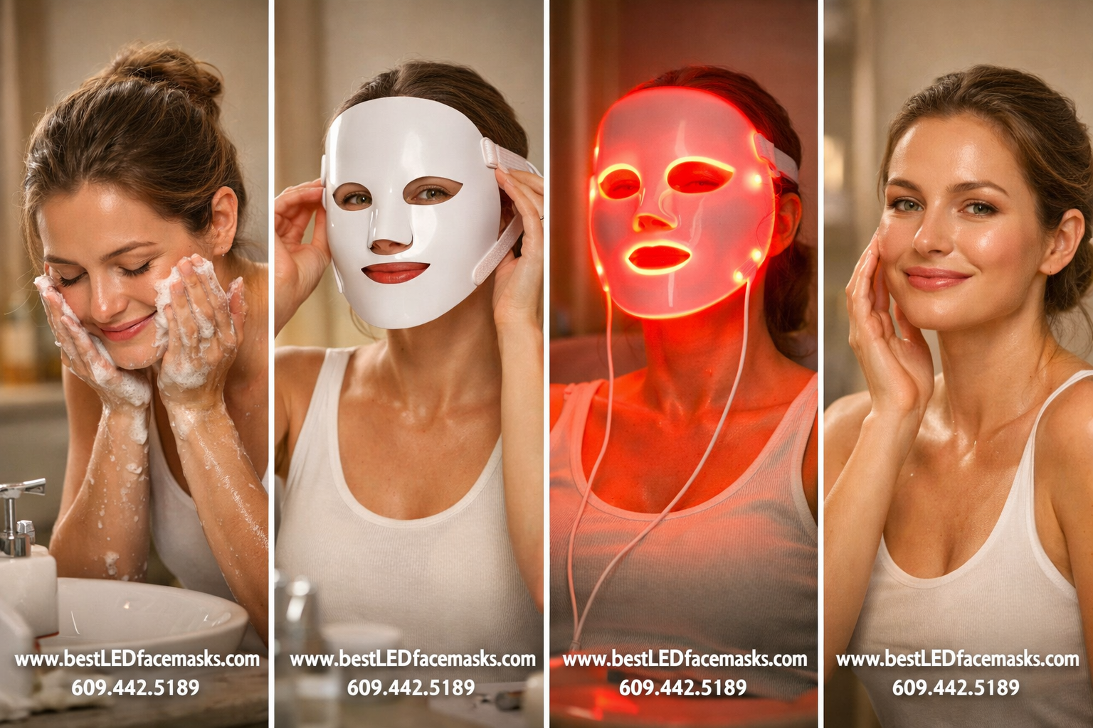() step-by-step visual guide showing a woman's skincare routine using a red light therapy face mask in four sequential