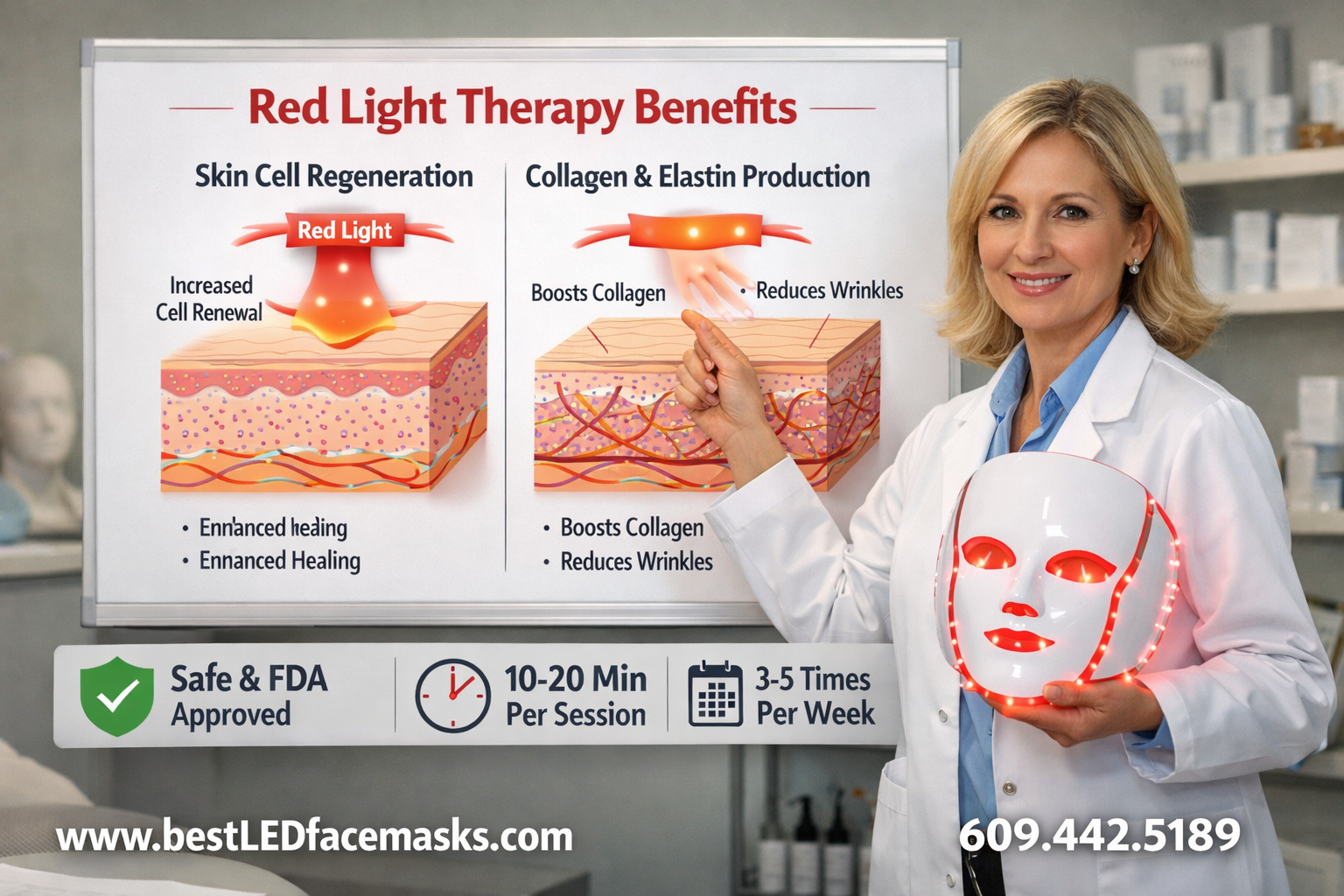 () editorial FAQ-style image showing a dermatologist in a white coat holding a red light therapy LED face mask, pointing to