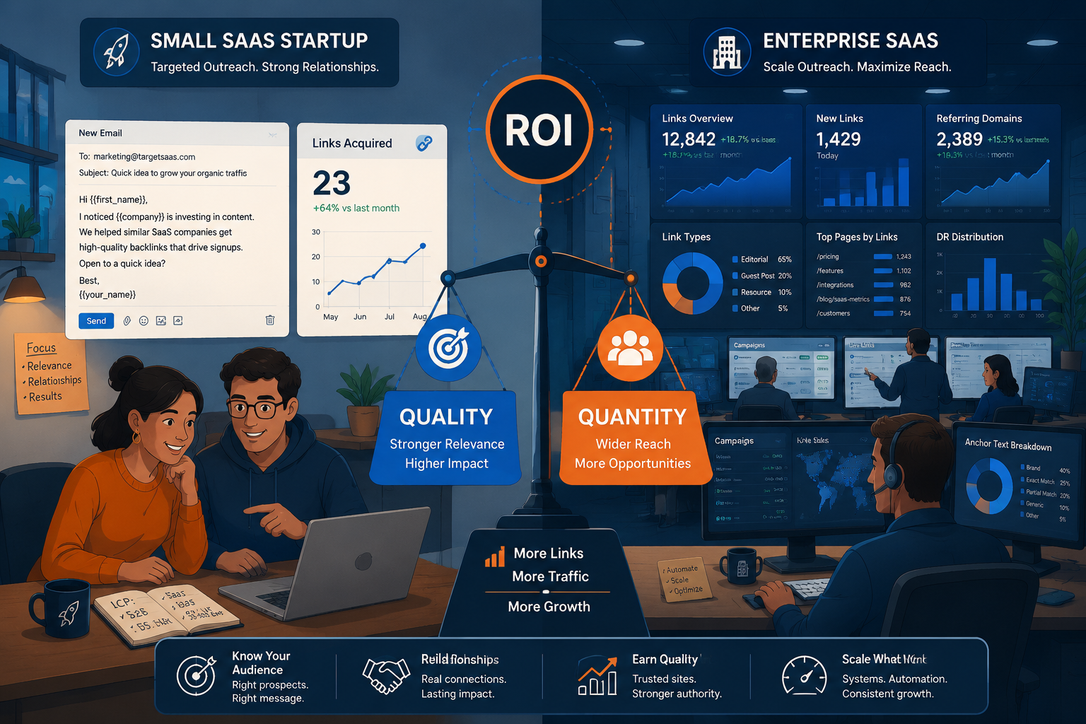 Detailed landscape format (1536x1024) showing a split-scene comparison: on the left, a small SaaS startup team of two people at a laptop executing a targeted outreach campaign with a visible email template on screen and a modest link count growing chart; on the right, a large enterprise SaaS team with multiple monitors showing high-volume link dashboards. Both scenes connected by a central ROI scale balancing quality versus quantity, rendered in a modern flat illustration style with deep blue and orange color palette, editorial quality. What Types of Websites Should I Target for SaaS Backlinks