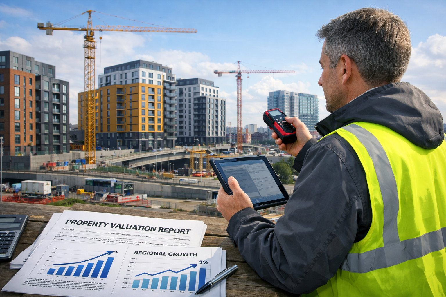 Detailed () image showing surveyor conducting property valuation in northern England regeneration zone. Scene features