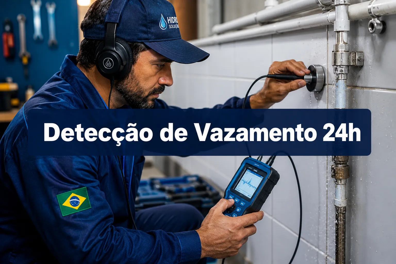 Professional () hero image with (≤42 chars): 'Detecção de Vazamento 24h', white centered on a deep navy semi-transparent