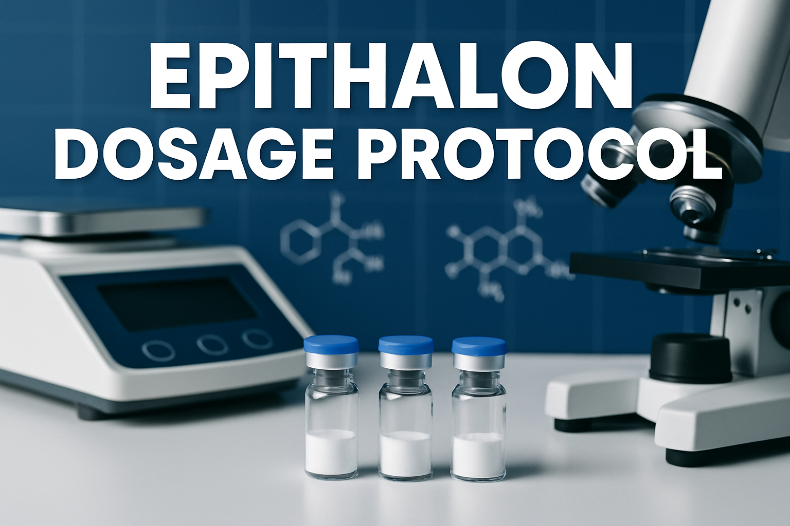 Professional landscape hero image (1536x1024) featuring bold text overlay 'EPITHALON DOSAGE PROTOCOL' in extra large 72pt white sans-serif f