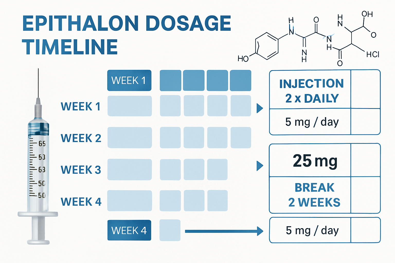 Detailed scientific infographic (1536x1024) showing epithalon dosage timeline with visual calendar layout, syringe measurements in mcg/mg, i