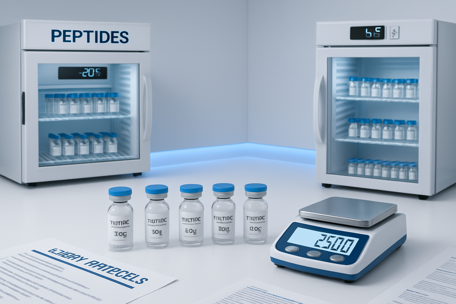 Professional laboratory scene (1536x1024) displaying peptide storage solutions with temperature-controlled refrigeration units, sterile vial