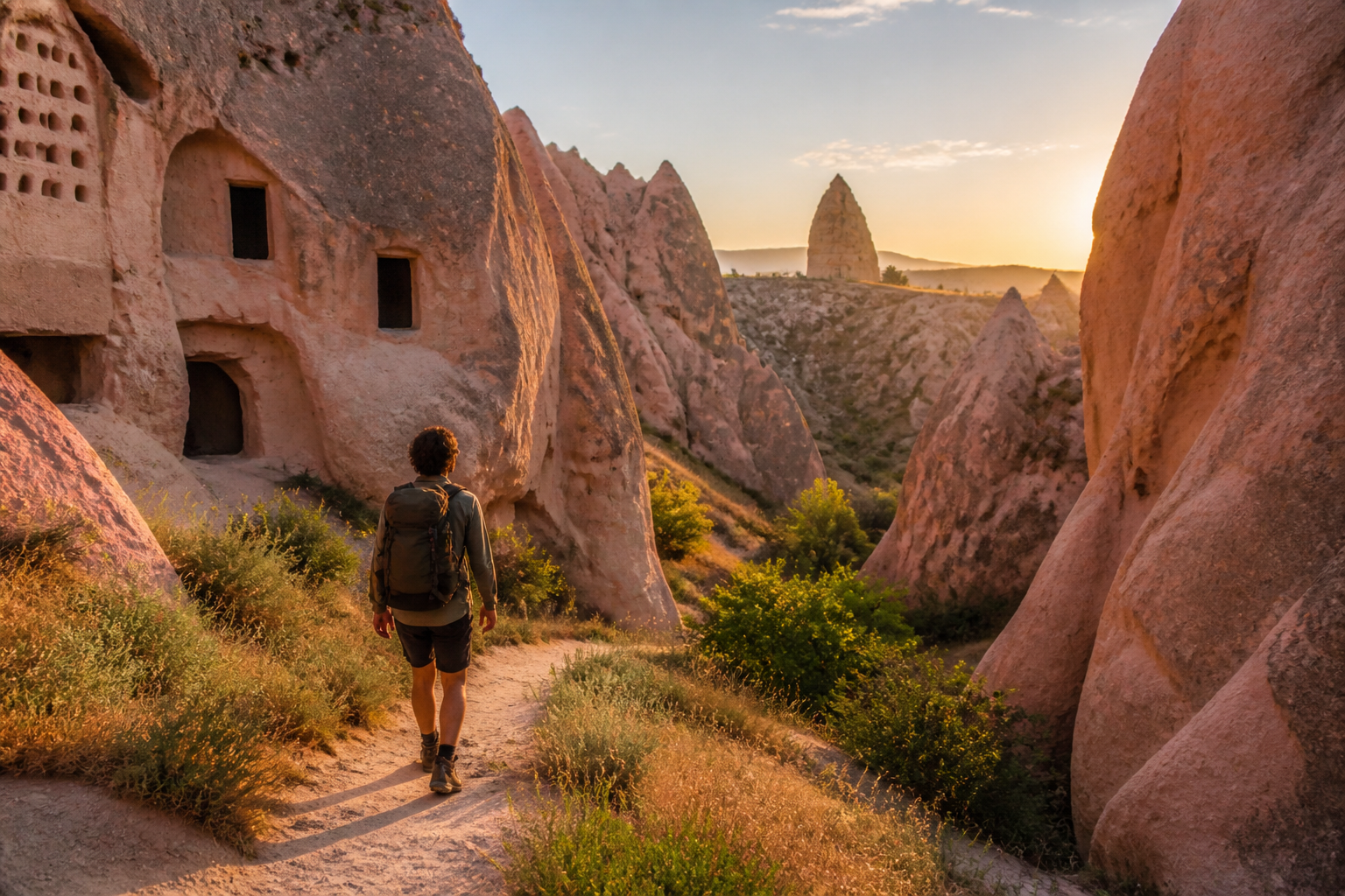 Detailed () editorial travel photograph showing a hiker walking through Rose Valley in Cappadocia during late afternoon