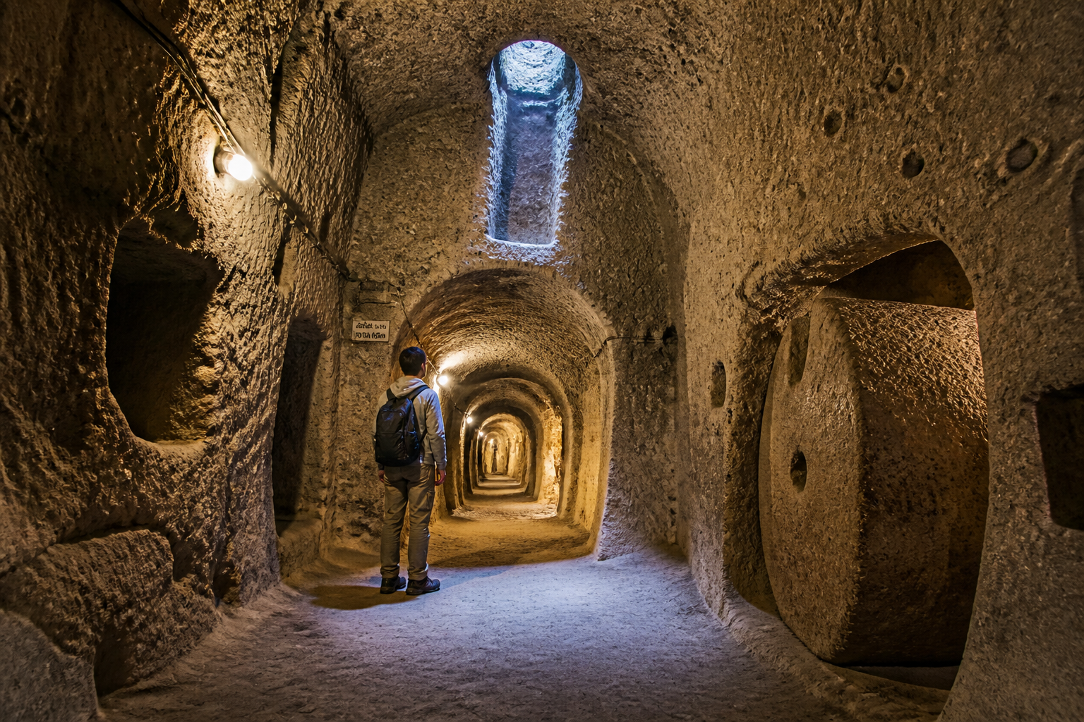 Detailed () editorial photograph of an underground city passage in Derinkuyu Cappadocia, showing carved stone archways