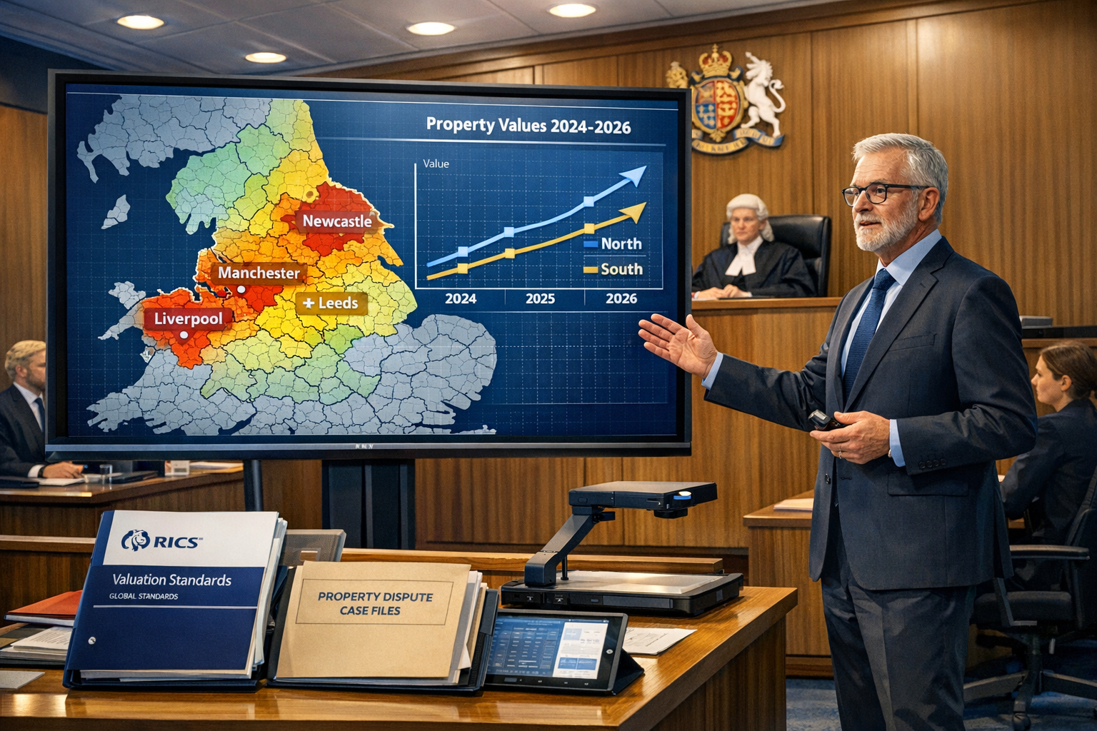Landscape format (1536x1024) detailed illustration showing expert witness professional in modern UK courtroom presenting large digital scree