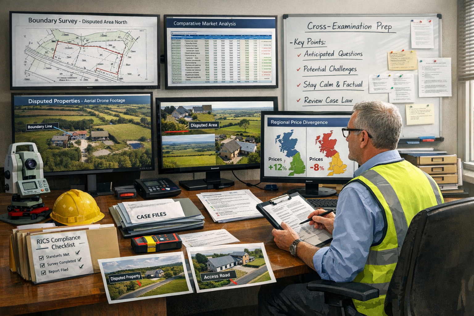 Landscape format (1536x1024) comprehensive visual showing expert witness preparation scene with professional surveyor reviewing multiple evi